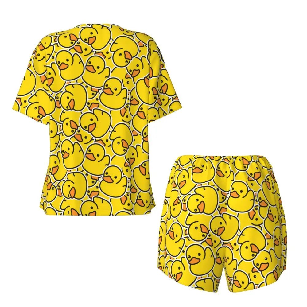 Benutzerdefinierte Frauen Gelb Klassische Gummi Ente Pyjamas Set Gedruckt Zwei-stück Pj Sets Kurzarm Nachtwäsche Loungewear.