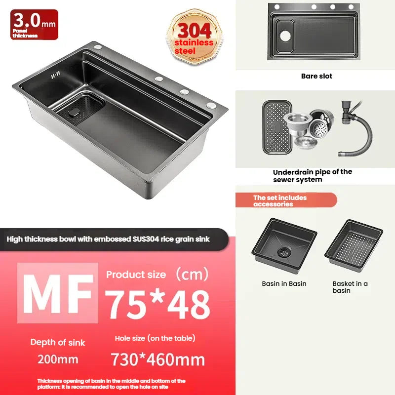 Stainless Steel Kitchen Sink Gray Household Large Single Slot Wash Vegetables and Dish Basin Multifunctional Dish Basin Sink