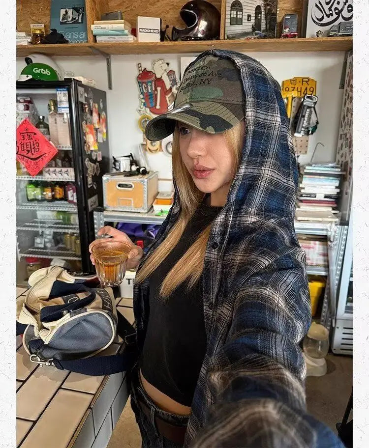 HOUZHOU Vintage Plaid Shirts Women Harajuku Long Sleeve American Style Drawstring Hooded Blouses Loose Casual Streetwear Spring.