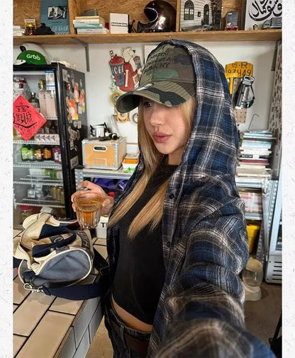 HOUZHOU Vintage Plaid Shirts Women Harajuku Long Sleeve American Style Drawstring Hooded Blouses Loose Casual Streetwear Spring.