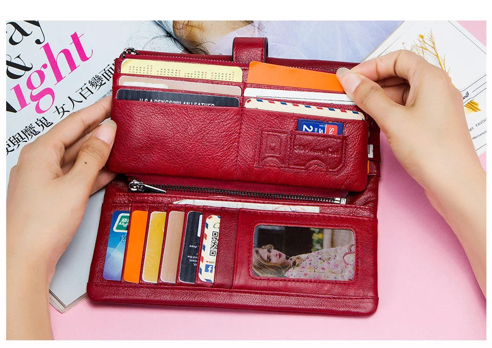 Contact's 100% Genuine Leather Wallet Women Long Coin Purse Hasp Design Clutch Bags Name Engraving Card Holder Wallets Cartera.