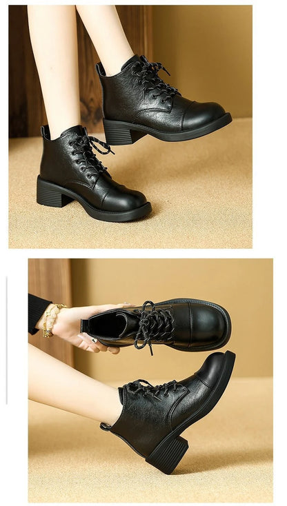 Women Short Boots 2025 Autumn Winter New Fashion Lace Up Vintage Middle Heel Shoes Outdoor Non Slip Height Increase Ankle Boots.