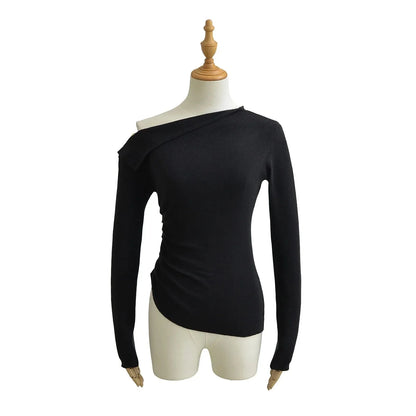American Style One Shoulder Long Sleeve Women's T-shirt Autumn Pure Desire High-grade Slimming Personality Oblique Shoulder Base.