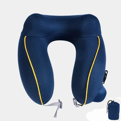 New U-shaped Travel Neck Pillow Elastic Fabric Foldable Inflatable Pillow Press Type Neck Support Cushion Airplane Pillow.