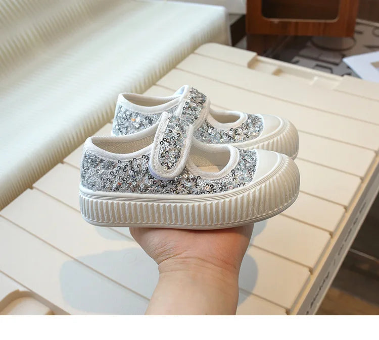 New Girl Princess Canvas Shoes Fashion Luxury Sequins Children Causal Shoes Breathable Kids Glitter Mary Jane Shoes Thick Bottom.