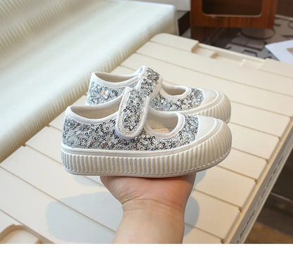 New Girl Princess Canvas Shoes Fashion Luxury Sequins Children Causal Shoes Breathable Kids Glitter Mary Jane Shoes Thick Bottom.