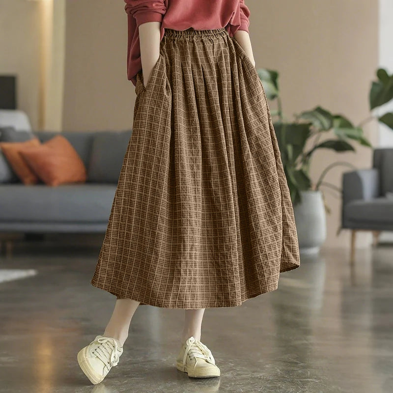 ZANZEA Women's Vintage Gingham Midi Skirts Casual Elastic Waist Gathered A-Line Skirt 2025 Autumn Woman Clothing Bottoms S-3XL.