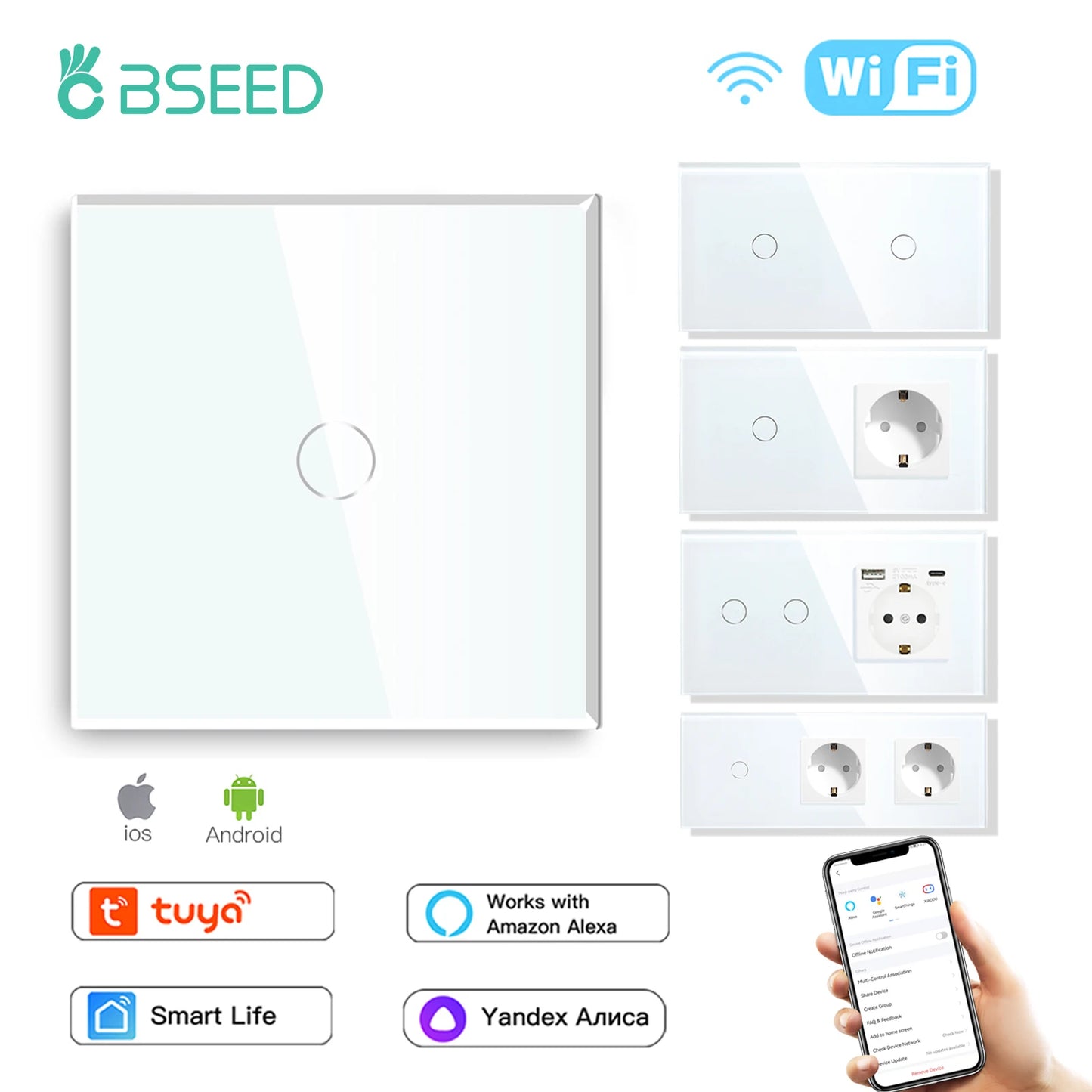 BSEED Wifi Touch Schalter Wand Licht Schalter Mit EU Buchse USB Typ-C Stecker Tuya Smart Leben Alexa Yandex App Steuerung Glas Panel.