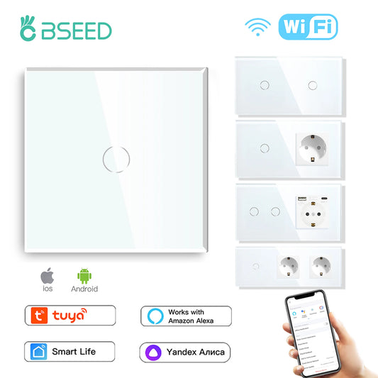 BSEED Wifi Touch Schalter Wand Licht Schalter Mit EU Buchse USB Typ-C Stecker Tuya Smart Leben Alexa Yandex App Steuerung Glas Panel.