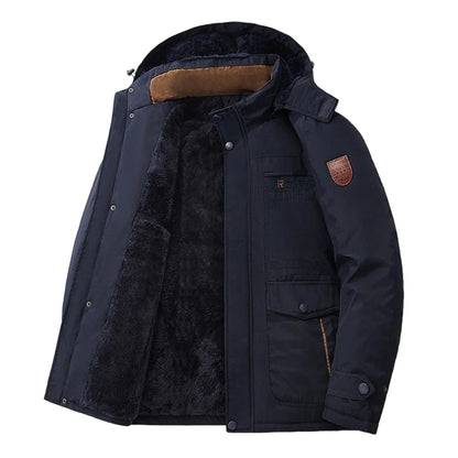New Autumn/Winter Men's Fleece-Lined Thickened Cotton Coat Casual Vintage Workwear Jacket with Detachable Hood Multiple Pockets