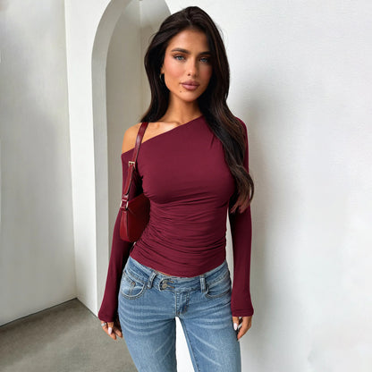 2025 New Spring Women's Casual Long Sleeve Boat Neck Off Shoulder Slim Fit Crop Top Going Out Blouses Y2K Tight Shirts Autumn