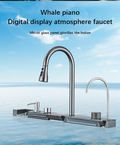 Wasserfall-Küchenspüle aus Edelstahl 304, großes Einzelschlitz-Wasserhahn-Set mit integrierter Digitalanzeige, Seifenspender, Tassenwascher