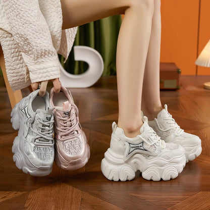 AUTUSPIN 10cm Pink Thick Soled Shoes for Summer Women Breathable Lace-up Ladies Sneakers Outdoor Casual Fashion Platform Shoes.