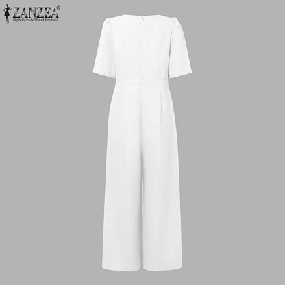 ZANZEA Street Fashion Elegant Womens Jumpsuits Sqaure Neck Short Sleeve Fitted Waist Wide Leg Pant Overalls Summer Streetwear.