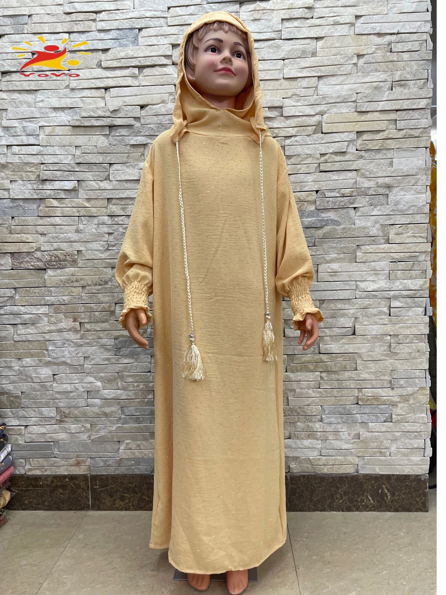 Kids Cotton Islamic Dress Full Cover Robe for Muslim Girls with Two-Hat Turkey Diamond Abaya New Eid Ramadan Prayer Garment.