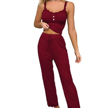 Neues zweiteiliges Damen-Pyjama-Set mit einfarbiger Spitzenkante, sexy Slim-Fit-Hosenträger und Hose, weiches und bequemes Pyjama-Set.