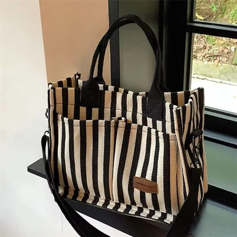 Cool Street Handbag, Large Capacity Women's Shoulder Bag, Trendy Striped Canvas Crossbody Bag, Fashion Travel Shopping Tote Bag.
