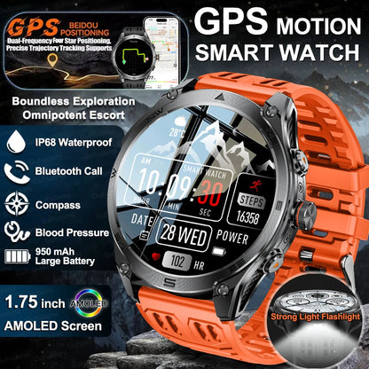 2025New GPS Sports Smart Watch  AMOLED Flashlight 950Mah Battery IP68 Waterproof Fitness Trackr BT Call Smartwatch For Men Women.