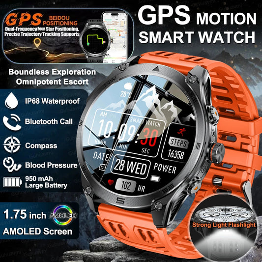 2025New GPS Sports Smart Watch  AMOLED Flashlight 950Mah Battery IP68 Waterproof Fitness Trackr BT Call Smartwatch For Men Women.