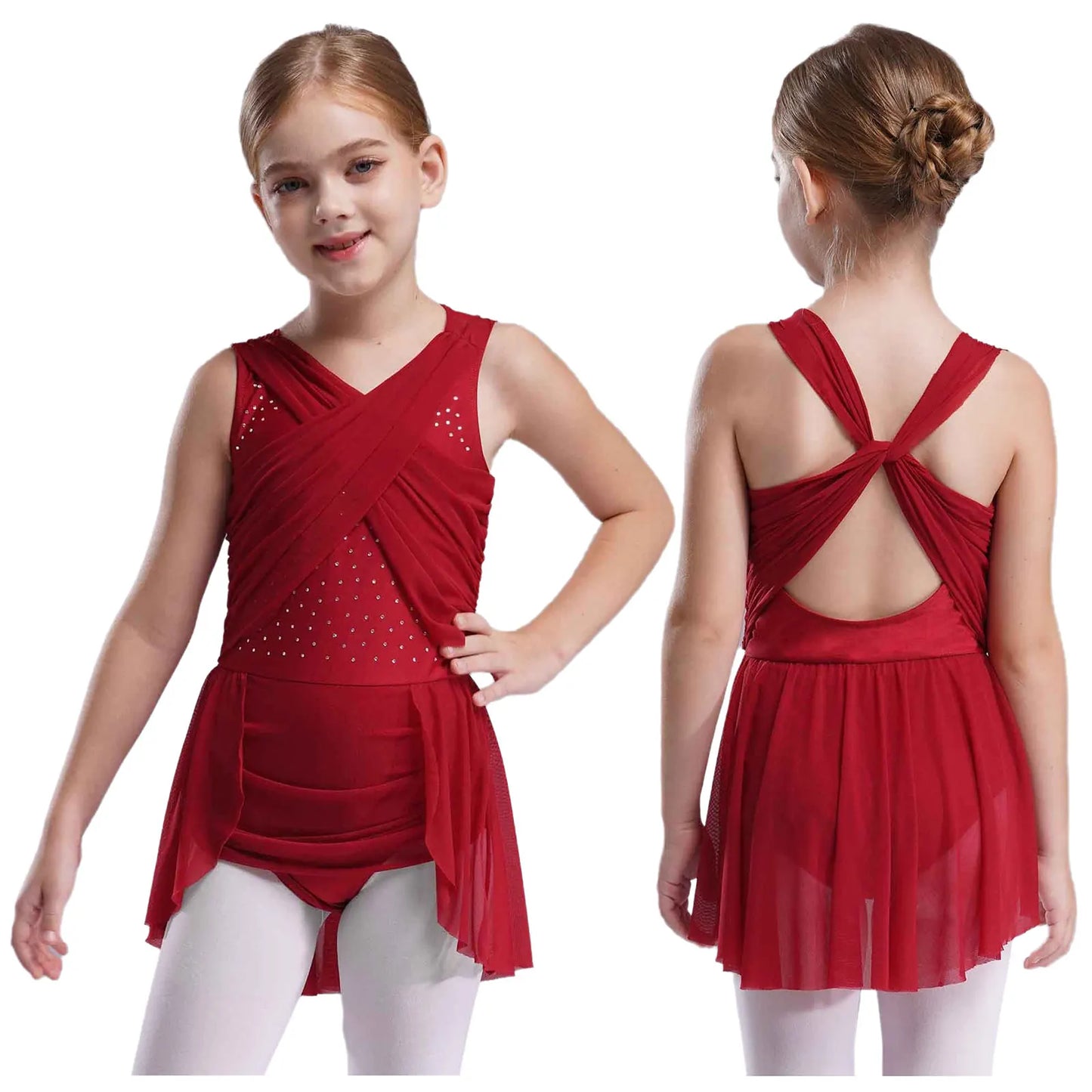 Kinder Mädchen Ärmellose Ausschnitt Strass Eiskunstlauf Trikot Kleid Lyrical Dance Gymnastik Akrobatik Leistung Kostüm