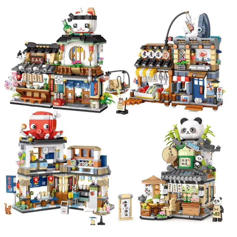 Street View Series Building blocks Izakaya Shaved Ice Shop Takoyaki Shop Coffee shop Panda Tea House model children's gift.
