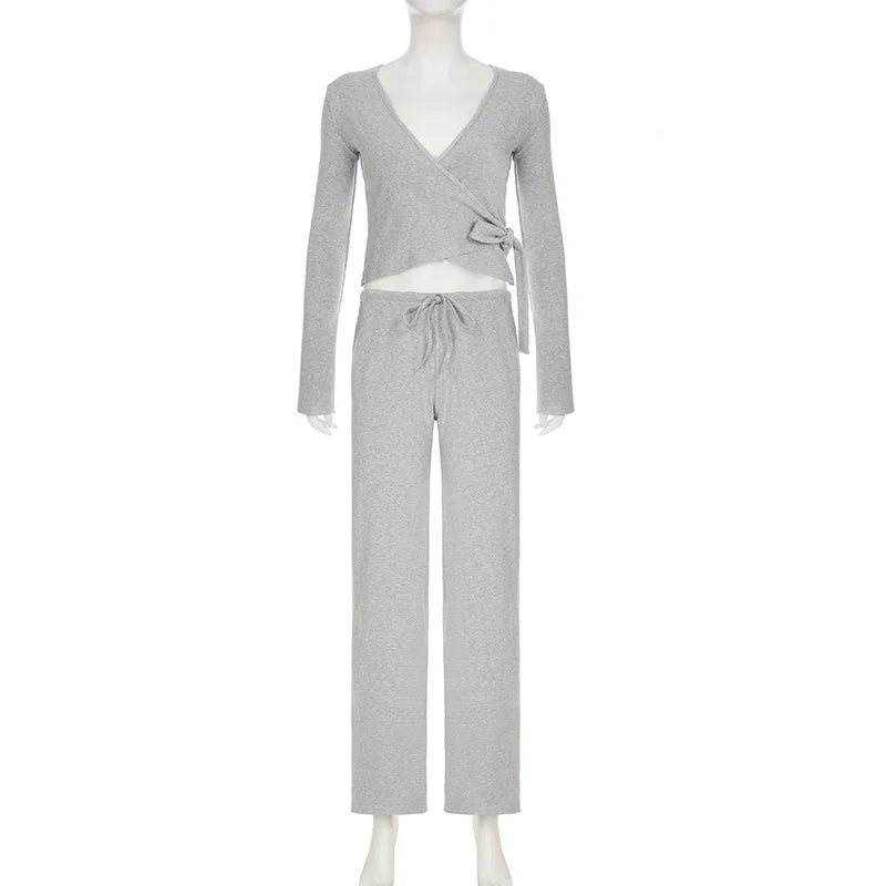 Apprabant Casual Fashion Drawstring High Waist Trousers Set Lace Up Flared Sleeve V Neck Twist Tops Plush Loose Pants Suit.