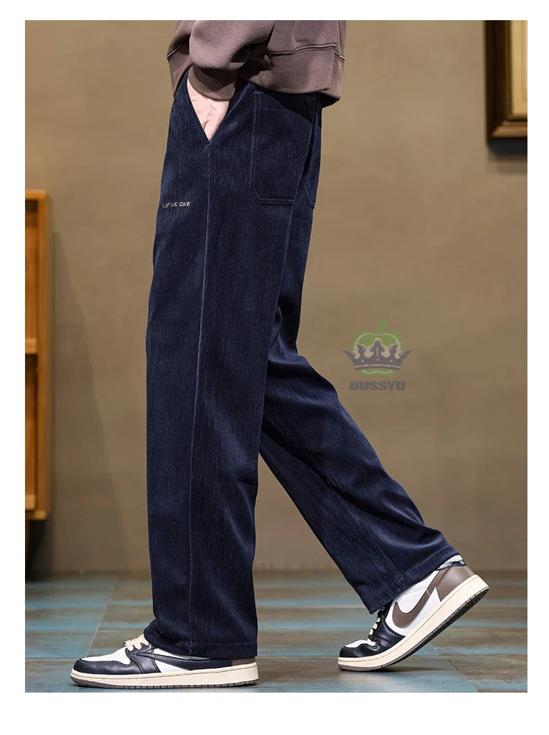 Autumn Winter Men's Corduroy Pants Elastic Waist Fashion Stretch Loose Straight Black Grey Thick Trousers Male Plus Size M-5xl.