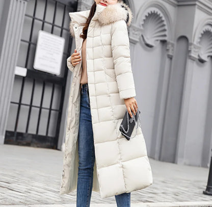 Neue Wintermode Langarm Pelzkragen Reißverschluss Einfarbig Slim Fit Lange Version Dicke Daunenjacke Mit Kapuze Für Frauen, 6 Farben.