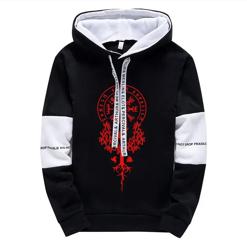 2025 Trendy Mens Tracksuit Hooded Sweatpants Viking Raven Print Autumn Winter Casual Sportswear Jogging Outfit Clothes for Man.