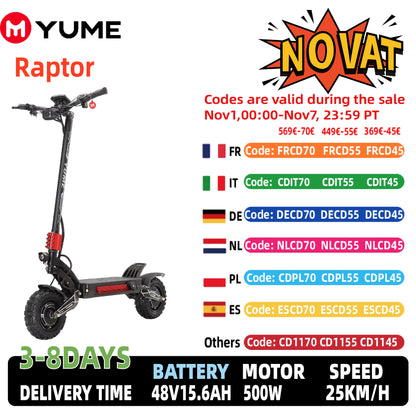 EU YUME Raptor Electric Scooter 6000W 60V-30AH  Dual Motor Adult Foldable E-Scooter.