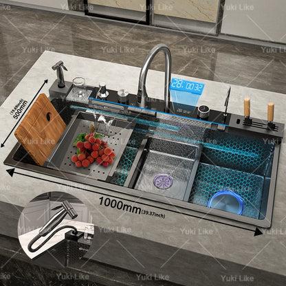 100 x 50 cm Edelstahl-Wasserfall-Küchenspüle, extra große Einzelschlitz-Digitalanzeige, multifunktionale Geschirrspülbecken