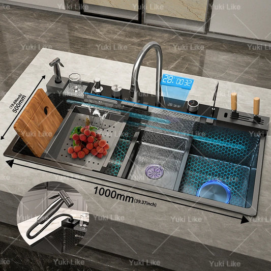 100 x 50 cm Edelstahl-Wasserfall-Küchenspüle, extra große Einzelschlitz-Digitalanzeige, multifunktionale Geschirrspülbecken