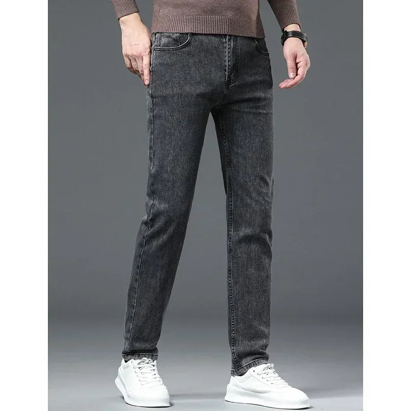 Men Business Denim Pants Male Classic Casual Straight Leg Slim Fit Trousers Elastic Solid Smoke Gray Pants.