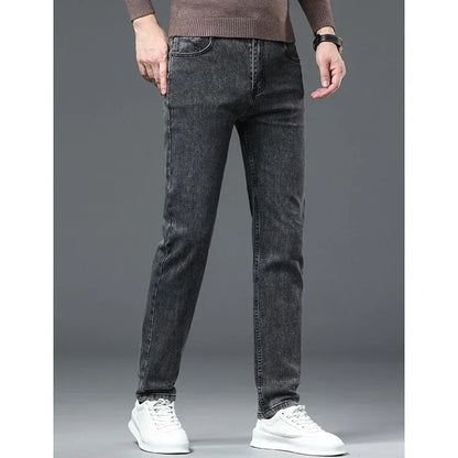 Men Business Denim Pants Male Classic Casual Straight Leg Slim Fit Trousers Elastic Solid Smoke Gray Pants.