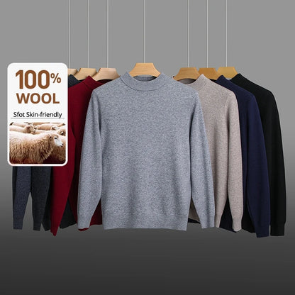 High End 100% Wool Thick New Autum Winter Fashion Brand Pullover Knit Half Turtleneck Business Sweater Casual Men Clothing.
