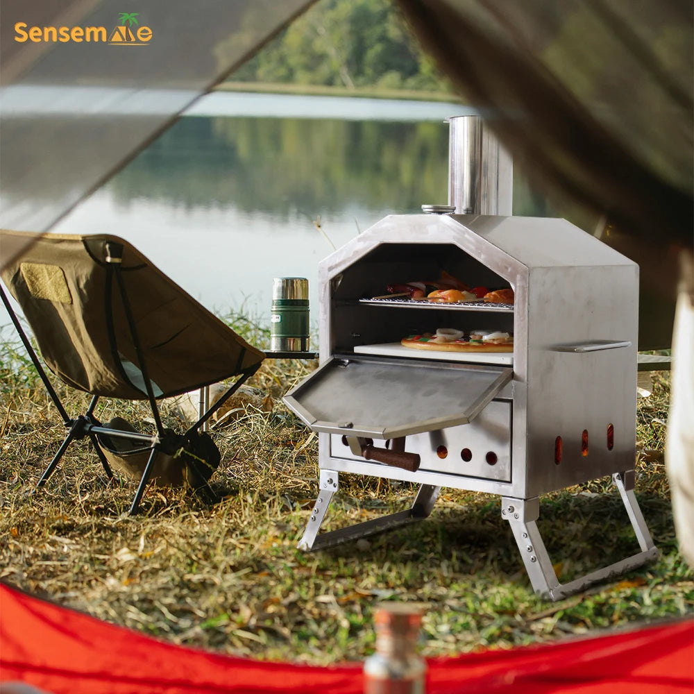 Tragbarer, holzgefeuerter Pizzaofen für den Außenbereich mit 12-Zoll-Stein und Thermometer, klappbare Beine, Camping-Grillmaschine aus Edelstahl für den Hinterhof