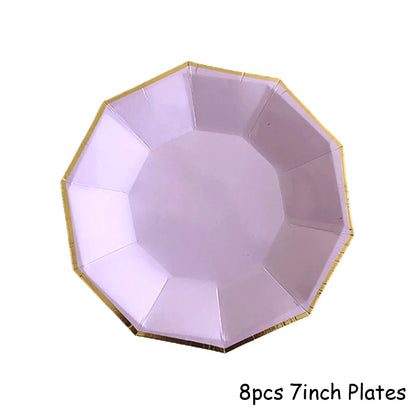 Purple Gold Party Paper Cup Plate Straw For Birthday Carnival Kids Favors Wedding Decor Disposable Tableware Party Supplies