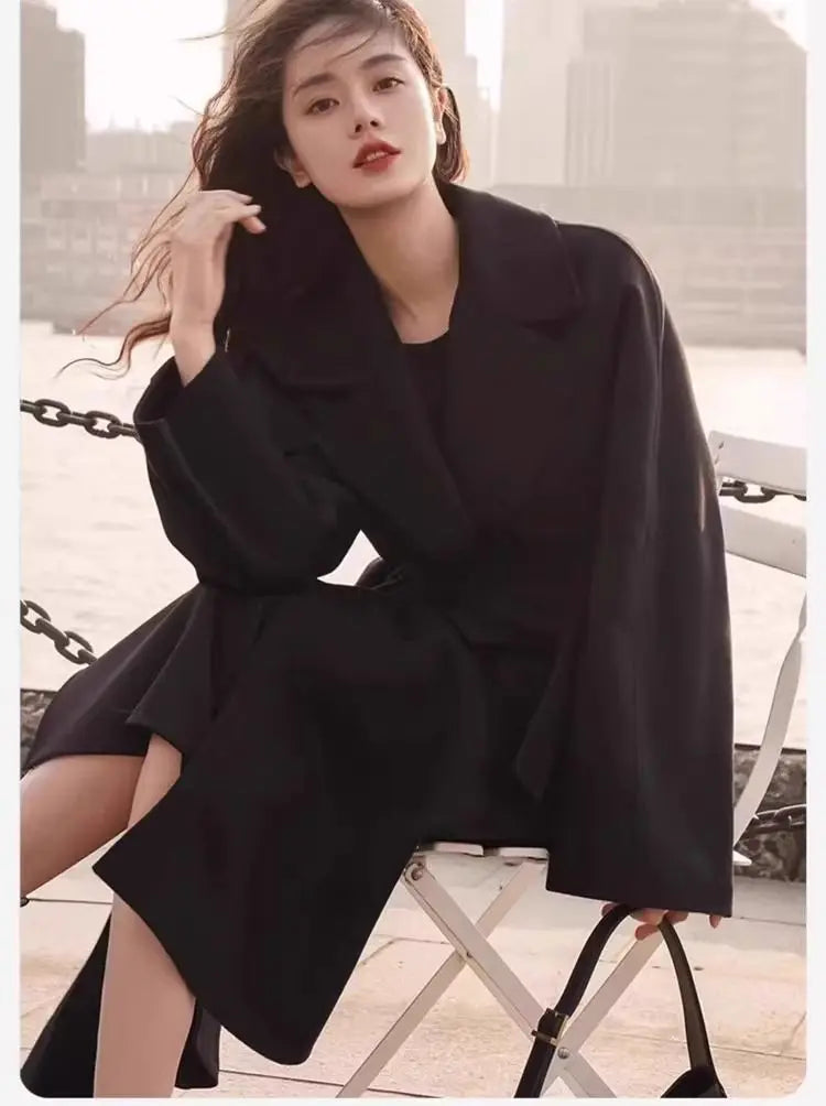Mode Schwarz Lange Woolen Mantel Mit Gürtel Frauen Lose Revers Mantel Herbst Winter Warme Dame Oberbekleidung High Street.
