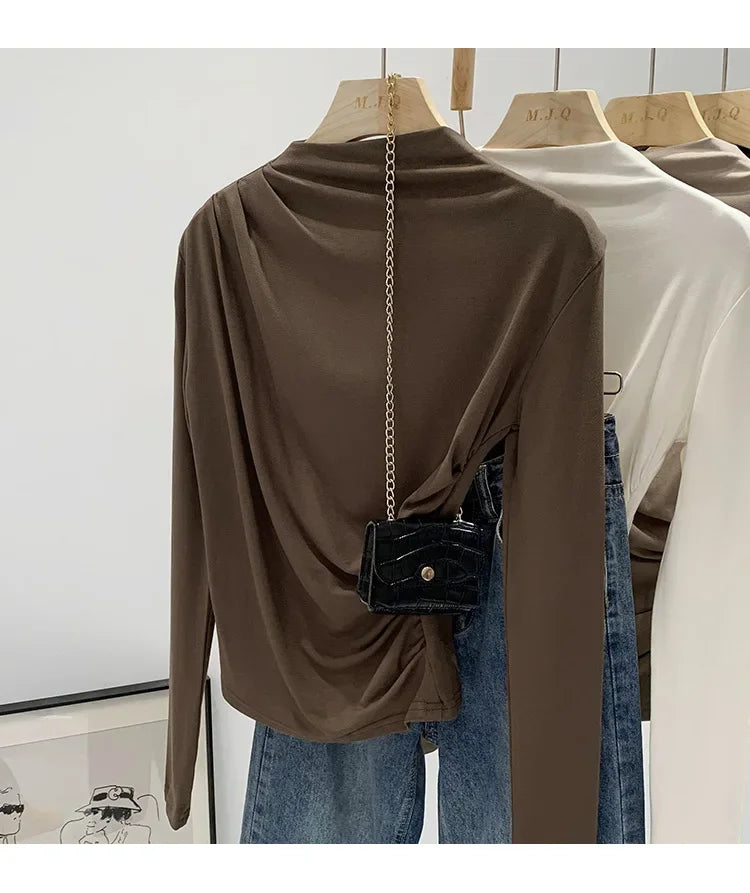 Early Autumn Pure Color High Neck Pleated Slim Fit Sexy Base Shirt Women's Fashionable Crew Neck T-shirt Full Sleeve China Origi.