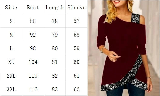 Women's Sexy Off Shoulder Top Autumn Slanted Collar Long Sleeved T Shirt Sequined Solid Color Party Blouse.