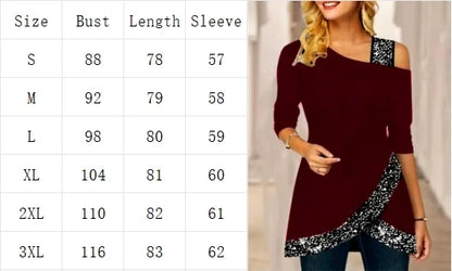 Women's Sexy Off Shoulder Top Autumn Slanted Collar Long Sleeved T Shirt Sequined Solid Color Party Blouse.