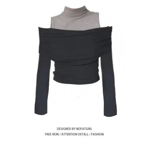 Retro American Shoulder Bared Long Sleeve T Shirt Women Spring Autumn Spicy Girl Fake Two Piece Base Shirt High Collar Polyester