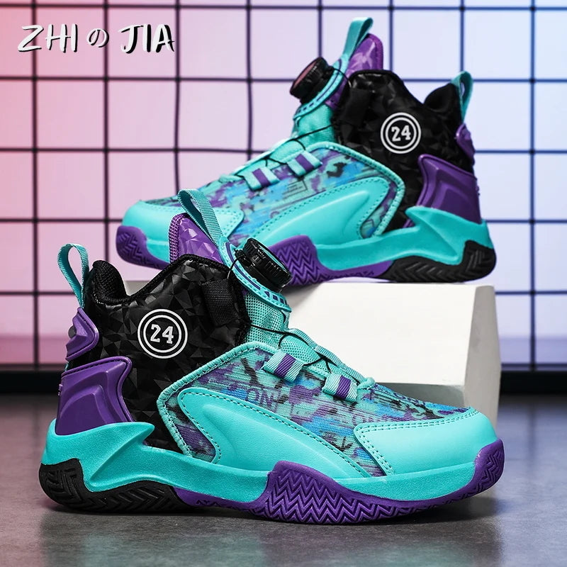 Children's Autumn New Rotary Buckle Mesh Breathable Basketball Shoes Boys Fashion Trend Sneaker Anti Slip Running Footwear 31-40.