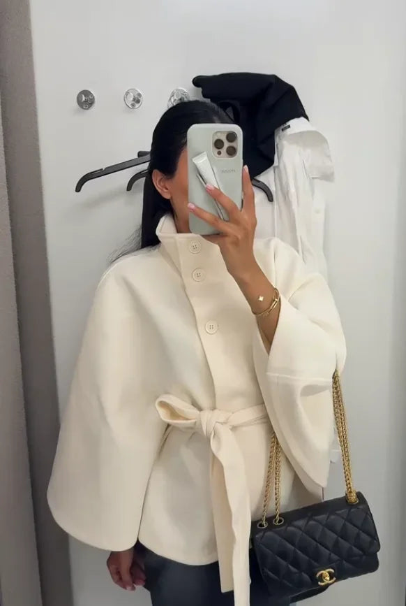 Damen-Jacke aus Wolle mit weißem Bund, elegant, langärmelig, Stehkragen, einreihig, Oberbekleidung, 2025, neuer Straßen-Outdoor-Mantel.