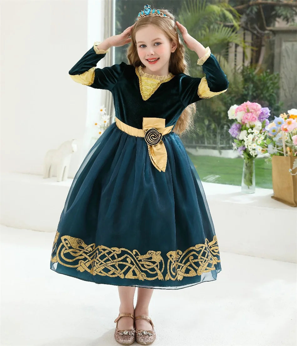 Girls Merida Cosplay Princess Dress Children Stage Performance Clothes Kids Halloween Carnival Party Long Sleeves Outfits.