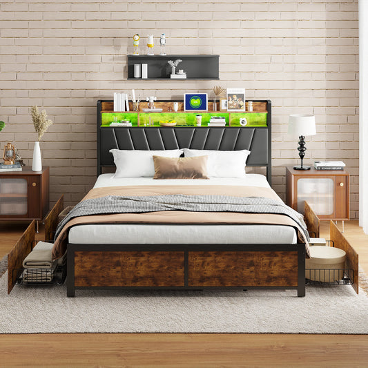 Lazyspace Metall-Doppelbett 160 x 200 cm mit 4 Schubladen, Bettrahmen mit USB-Ladeanschluss und LED-Kopfteil, schwarz, ohne Matratze