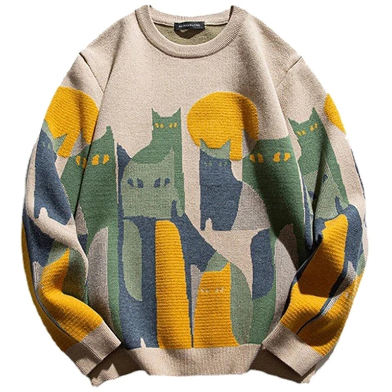 2023 Autumn Knitted Sweater Men Women Winter Harajuku Cartoon Full Cat Print Pullover Vintage Causal Loose Sweaters Streetwear.