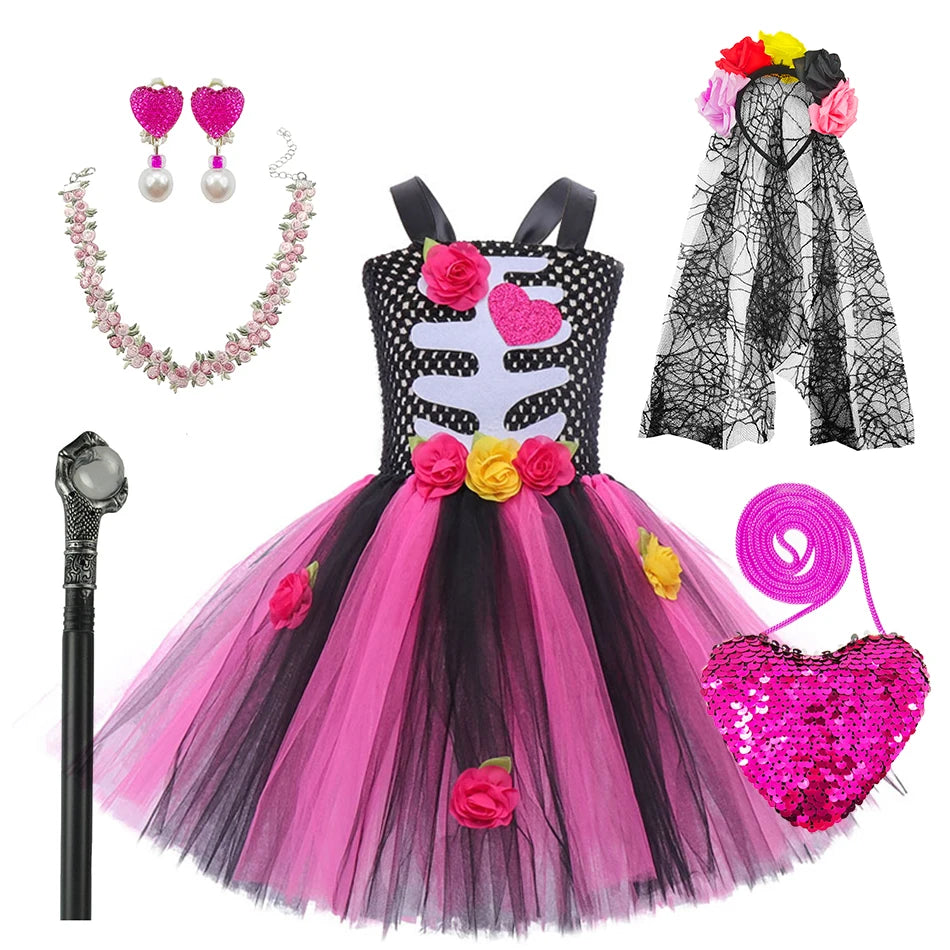 Halloween Kinder Kleid Cosplay Herz druck Skelett Kostüme Mädchen Blumen Schädel Tutu Kleidung Kinder Karneval Leistung Outfits