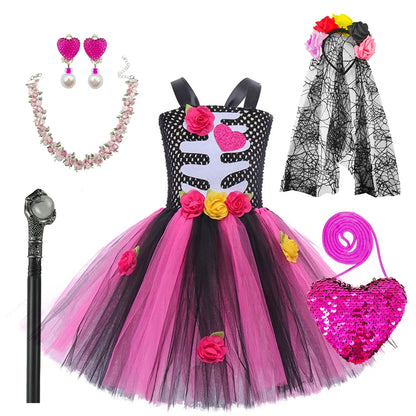 Halloween Kinder Kleid Cosplay Herz druck Skelett Kostüme Mädchen Blumen Schädel Tutu Kleidung Kinder Karneval Leistung Outfits