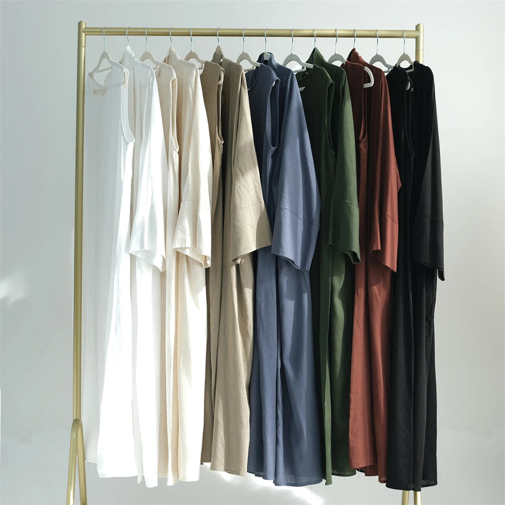 Eid Summer Cotton Linen Kimono Coat Dubai Open Abaya 2024 Muslim for Women Set Retro Kaftan Modest Dresses Islam Clothing Kebaya.